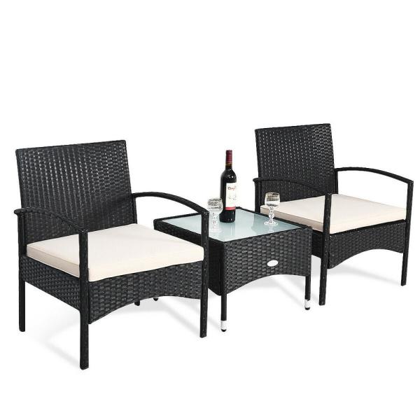 Costway 3-Piece Wicker Patio Conversation Set with Cushions Coffee .