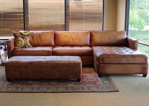 Phoenix 100% Full Aniline Leather Sectional Sofa with Chaise .