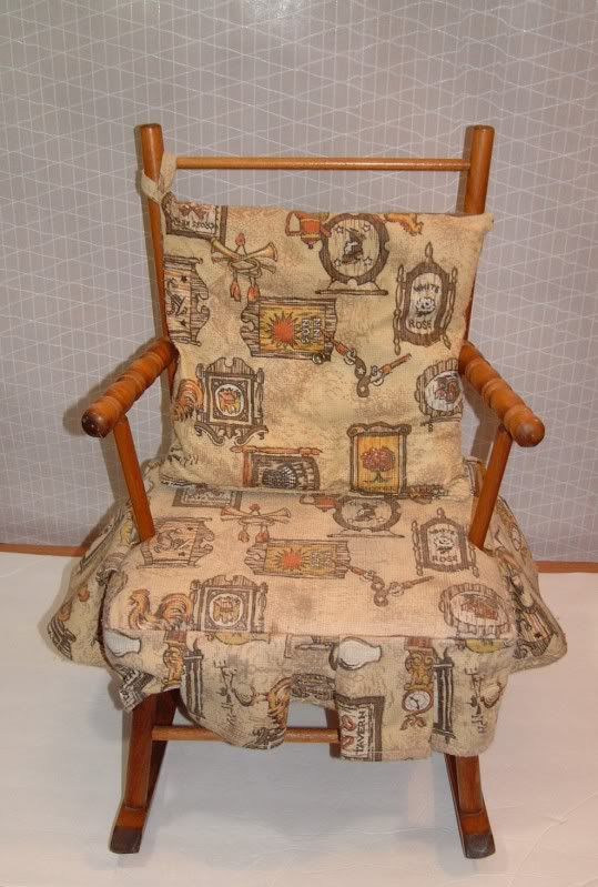 Vintage Childs Wooden Rocking Chair Rocker with Fabric Cushion .