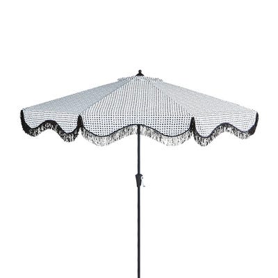 9' Black & White Dot Print Steel Umbrella with Fringe | Pier