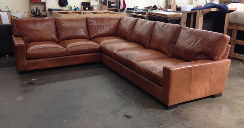 Braxton Leather “L” Sectional Sofa – Studio Depth – Glove Chestnut .