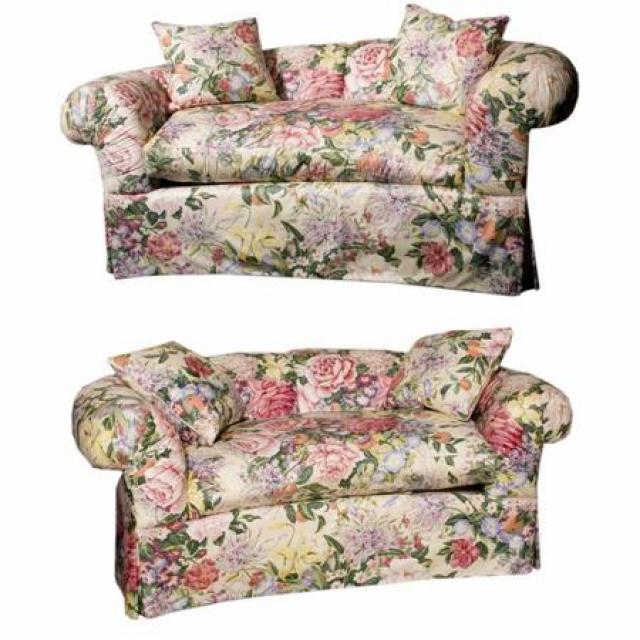 Pair of Chintz Upholstered Curved Sofas for Sale at Auction on Wed .