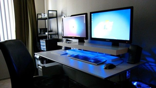 Dual Screens, Blue LEDs, and a DIY Desk Shelf | Computer desk .