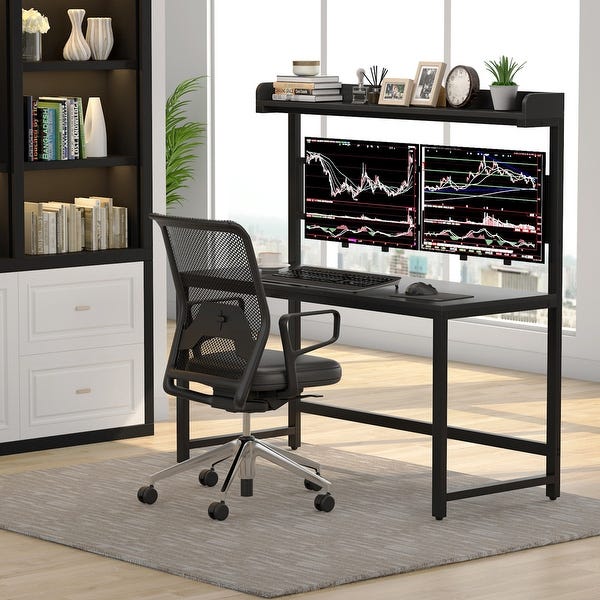 Shop Computer Desk with Dual Monitor Mount and Hutch， 55 inch .