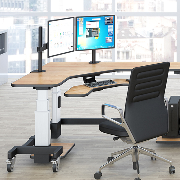 Premium Best Quality Corner Standing Desk with Two Monitor Arm .