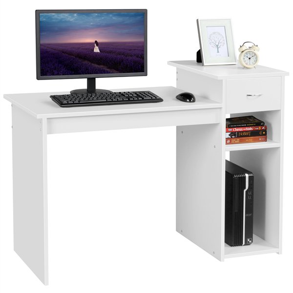 Small Wood Computer Desk with Drawers and Storage Shelves .