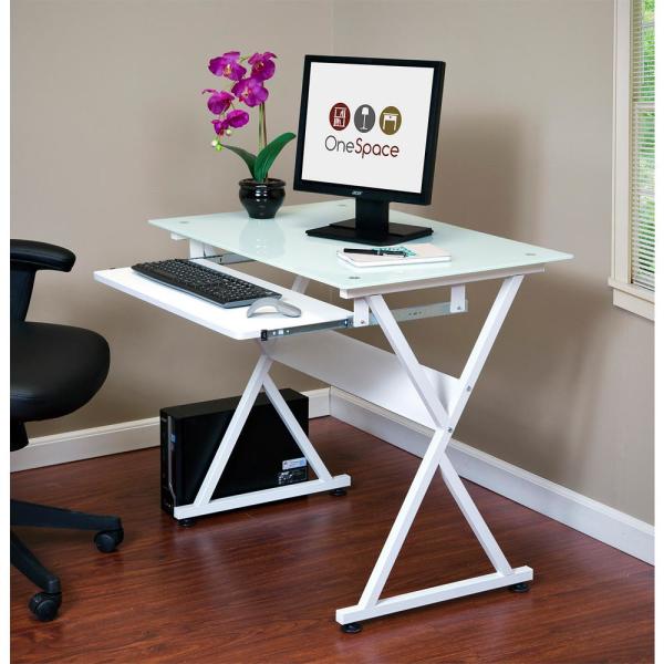 OneSpace 38 in. Rectangular White Computer Desk with Keyboard Tray .