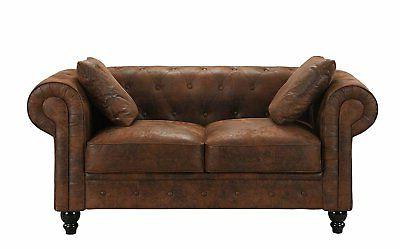 Distressed Rustic Chesterfield Faux Suede Loveseat Sofa