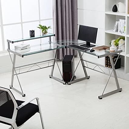 Amazon.com : Mecor L-Shape Corner Computer Desk Glass Laptop Table .