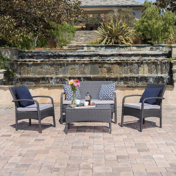 Noble House Tadeo Grey 4-Piece Wicker Patio Conversation Set with .