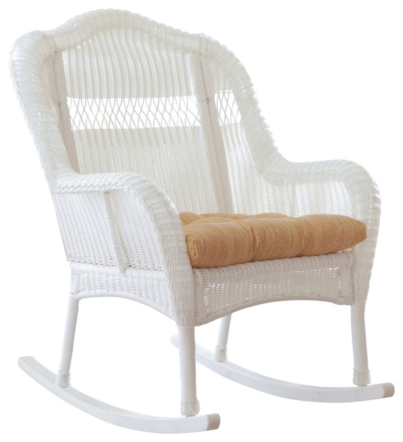 Indoor/Outdoor Patio Porch White Resin Wicker Rocking Chair .