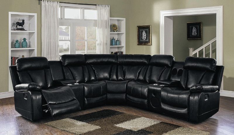 RITZ-BLK 3 pc Ritz black leather air power motion sectional sofa .