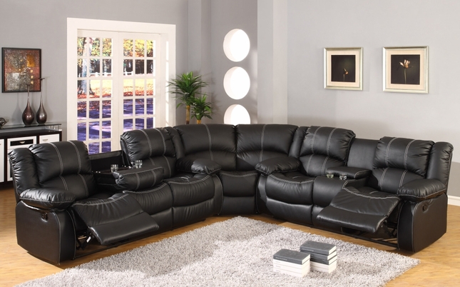 Black Faux Leather Reclining Motion Sectional Sofa w/ Storage Conso