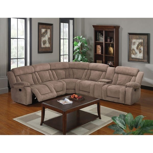 Shop Akmene Motion Sectional Sofa with console Upholstered in Tan .