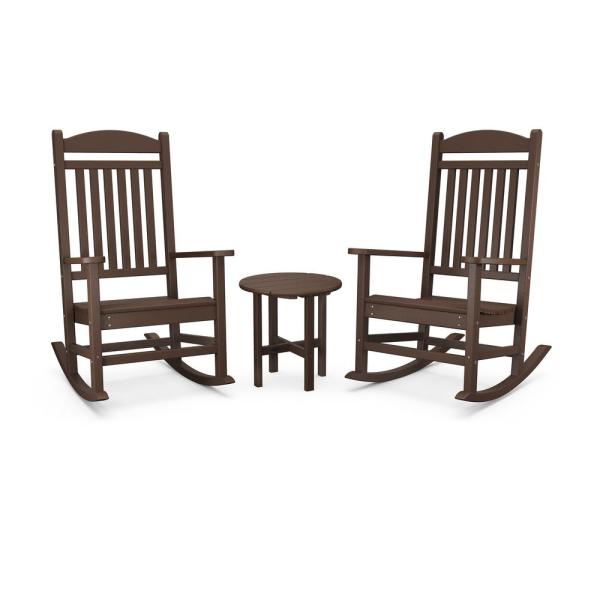 POLYWOOD Grant Park Mahogany 3-Piece Plastic Outdoor Rocking Chair .