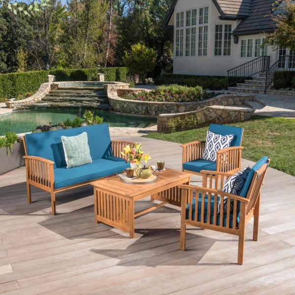 Noble House 4-Piece Wood Patio Conversation Set with Dark Teal .