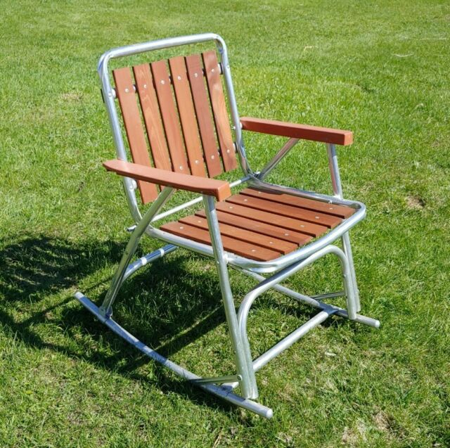 Vtg RETRO Aluminum Red Wood Cedar Slat Folding Lawn Patio Chair .