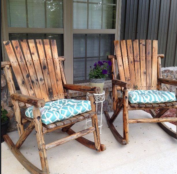 Rocking chairs on front porch with my Home Goods cushions .