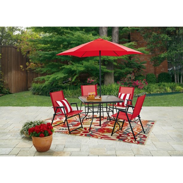 Mainstays Lakewood Heights Folding Patio Dining Set, 6 Piece, Red .