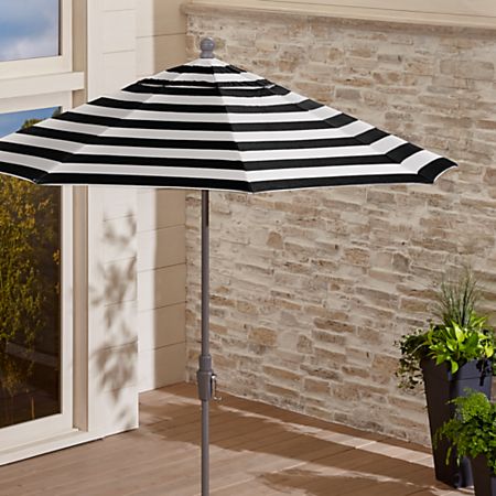 9' Round Sunbrella Black Cabana Stripe Patio Umbrella with Silver .