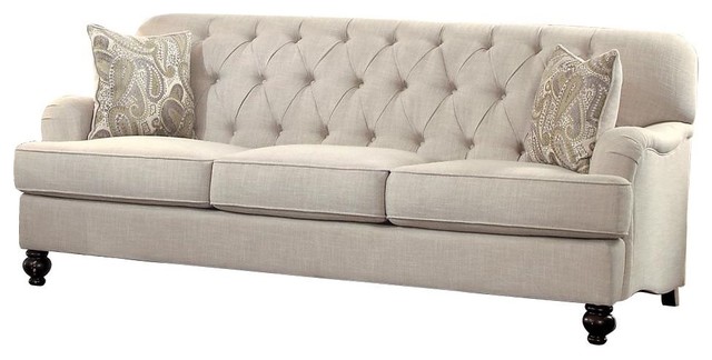 Champagne French Button Tufted Sofa, Natural Fabric - Traditional .