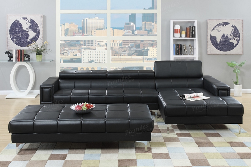 Contemporary Black Bonded Leather Cube Tufted Sectional So