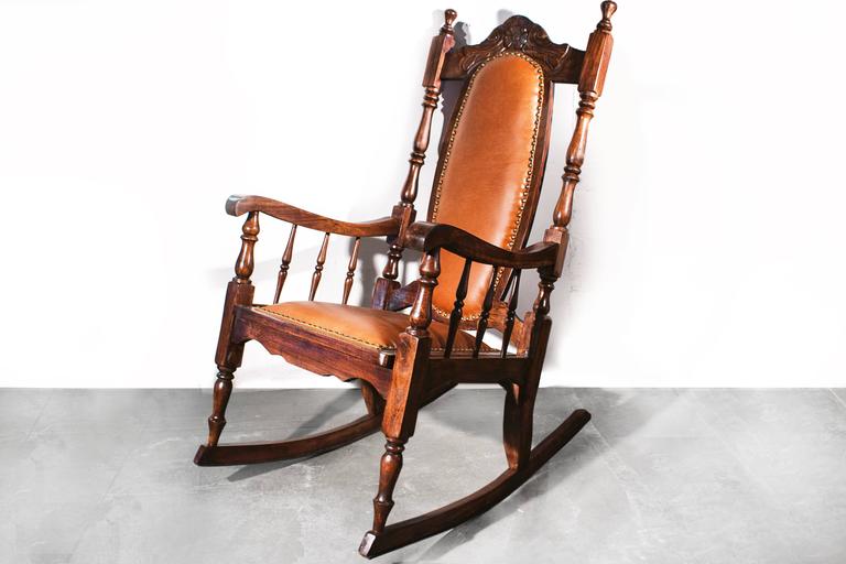 Victorian Era Oak Rocking Chair with Leather, 1890s at 1stdi
