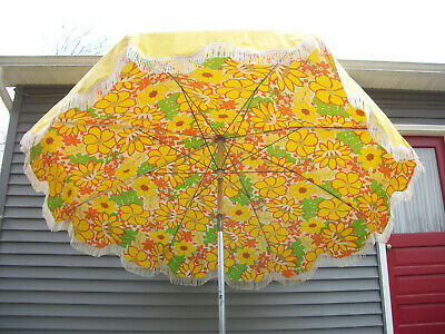 VINTAGE VINYL PATIO Umbrella - Yellow w/Yellow & Orange Flowers .