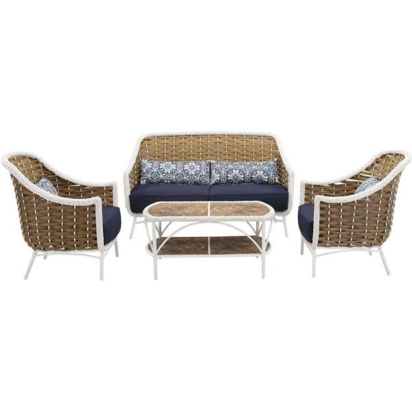 Hanover Athens 4-Piece All-Weather Wicker Patio Seating Set with .