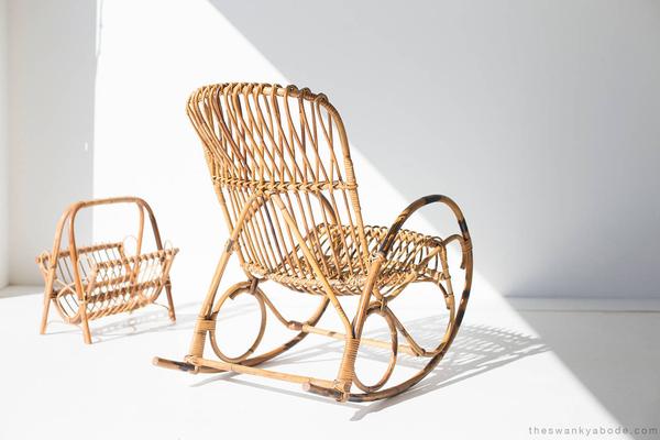 Franco Albini Style Wicker Rocking Chair and Magazine Rack .