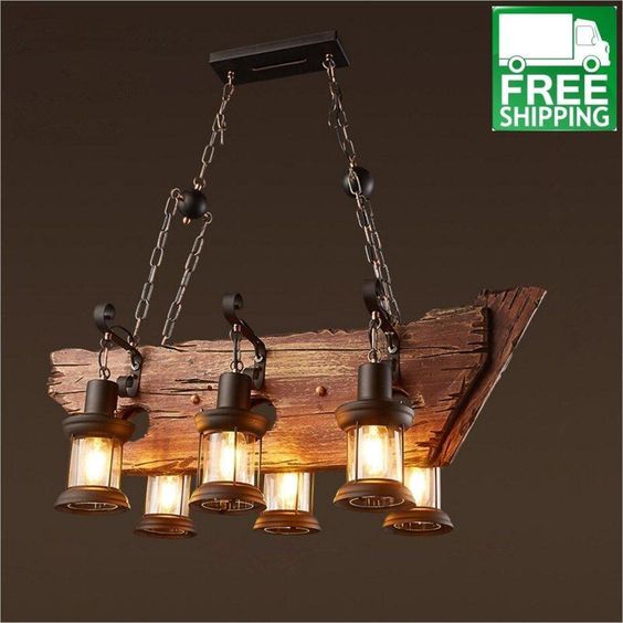 Industrial Wood Beam Six Hanging Bulb Chandelier Light | Wooden .