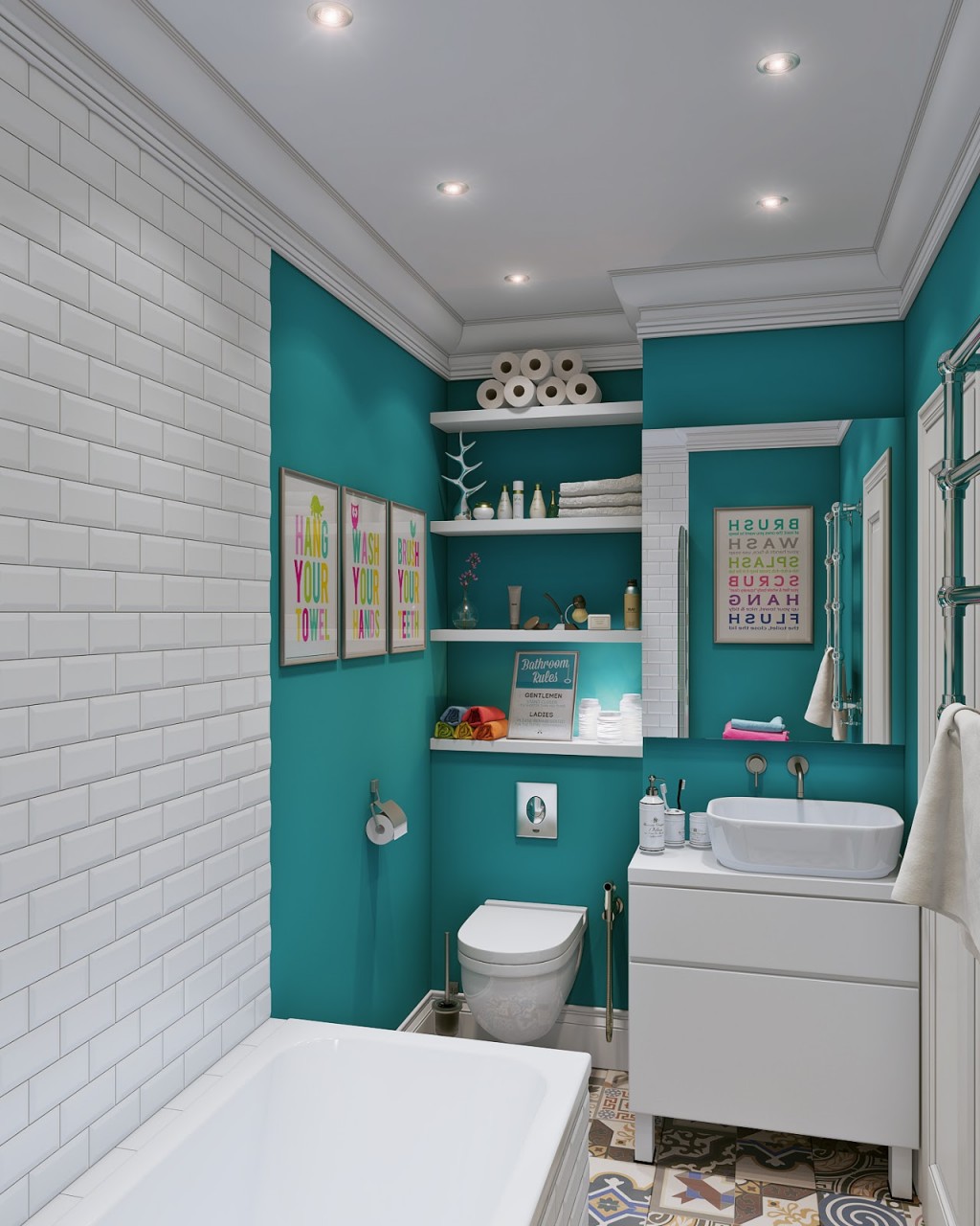 Adorable blue and white bathroom