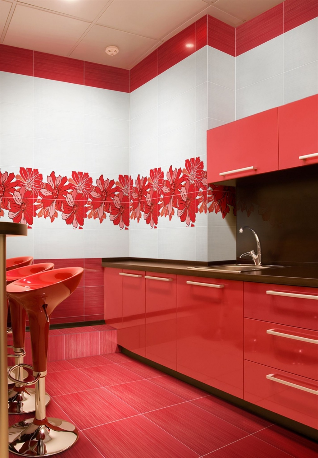 Red floral kitchen