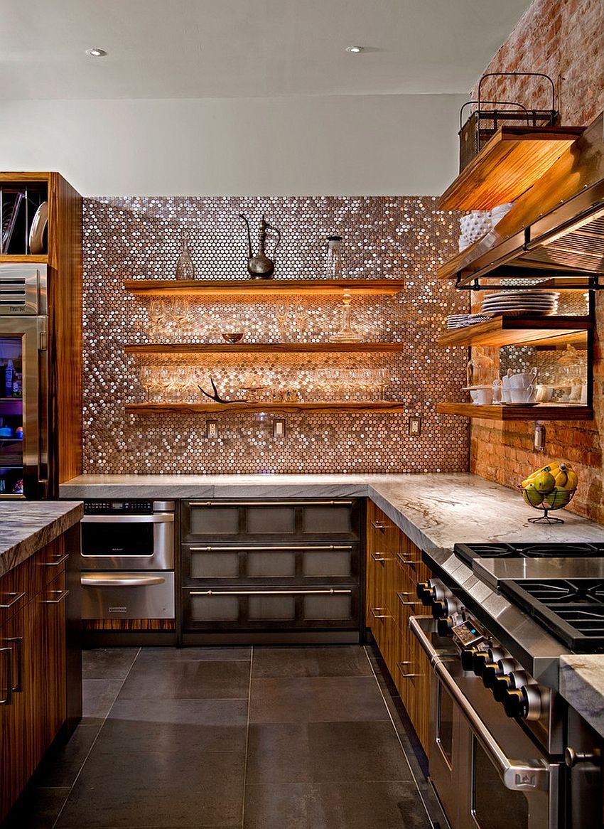 Futuristic kitchen splashback made of copper