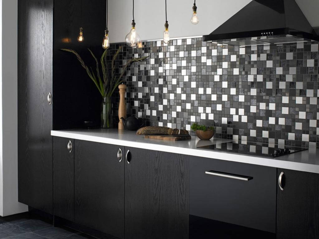Kitchen back wall with black and white mosaic
