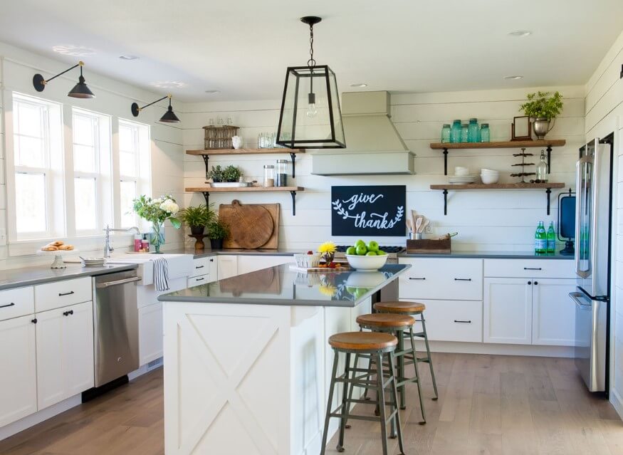 Clean white country kitchen with open shelves