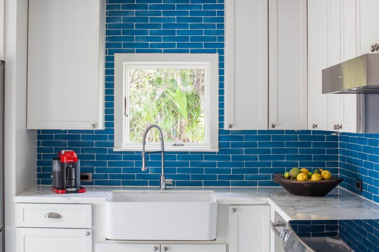 Iridescent blue kitchen splashback