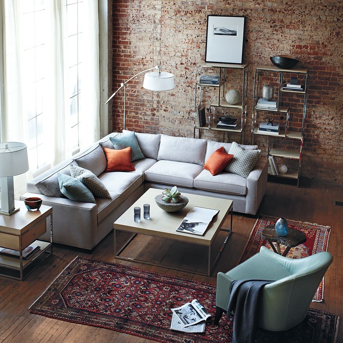 Exposed red bricks in the relieved living room