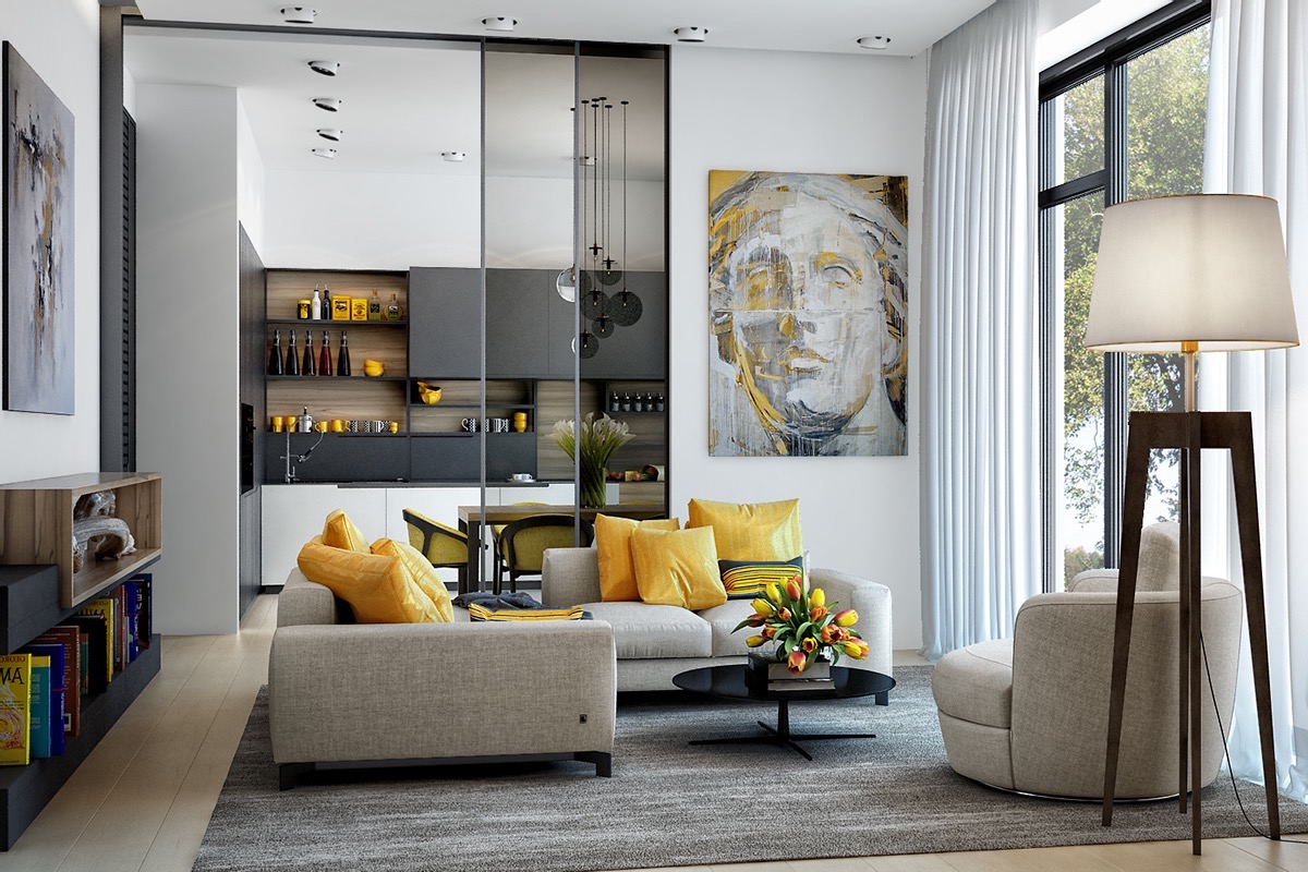 Free feeling of gray and yellow living room
