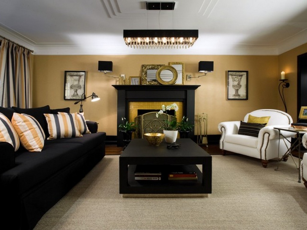 Luxurious fireplace in the black and gold living room