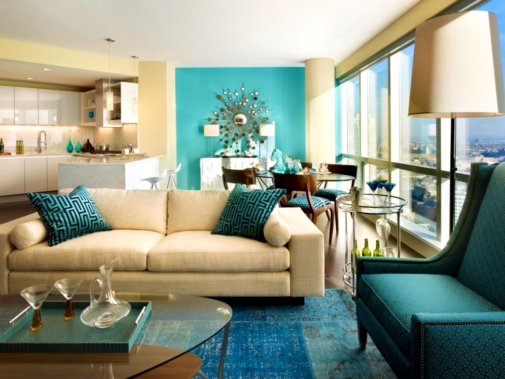 Pleasant living room in brown and turquoise
