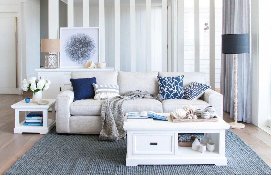 Beach-inspired gray and blue living room