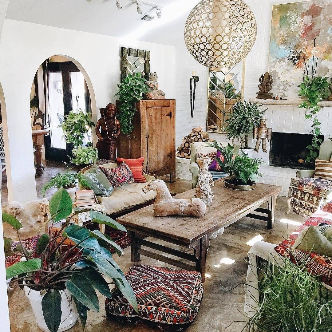 Green bohemian living room.  Source: Pinterest