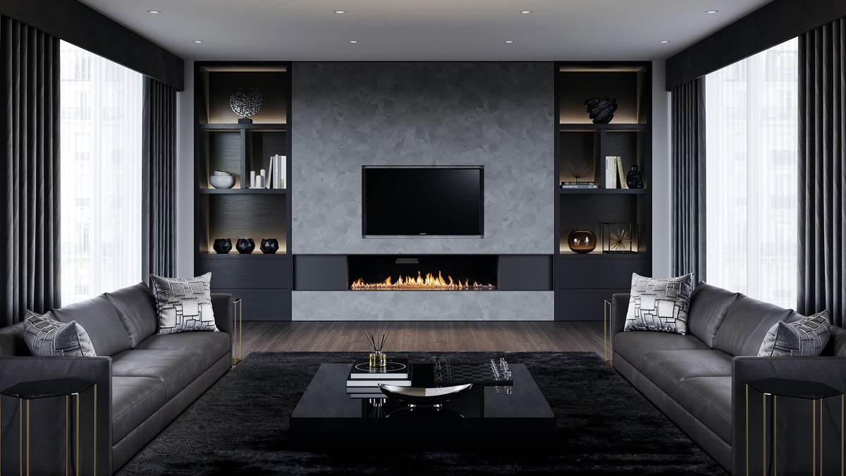 Modern fireplace in the black and gray living room