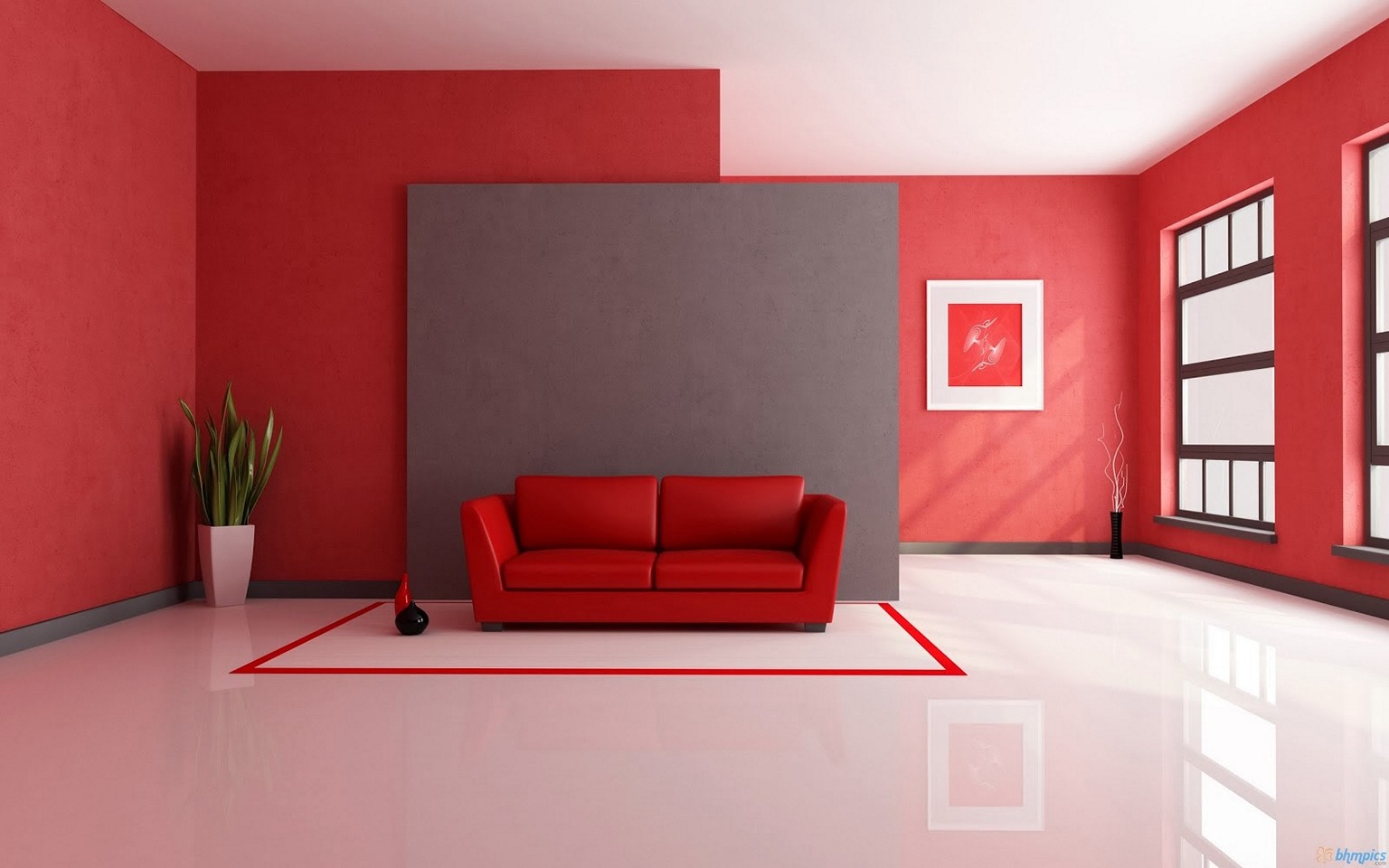 Red leather couch in a living room