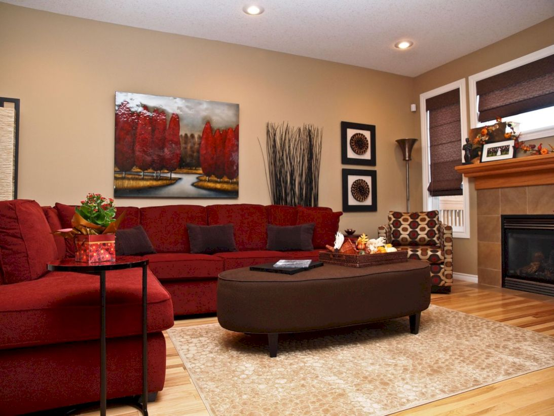 Cushy Red Sectional Couch Set in the warm living area