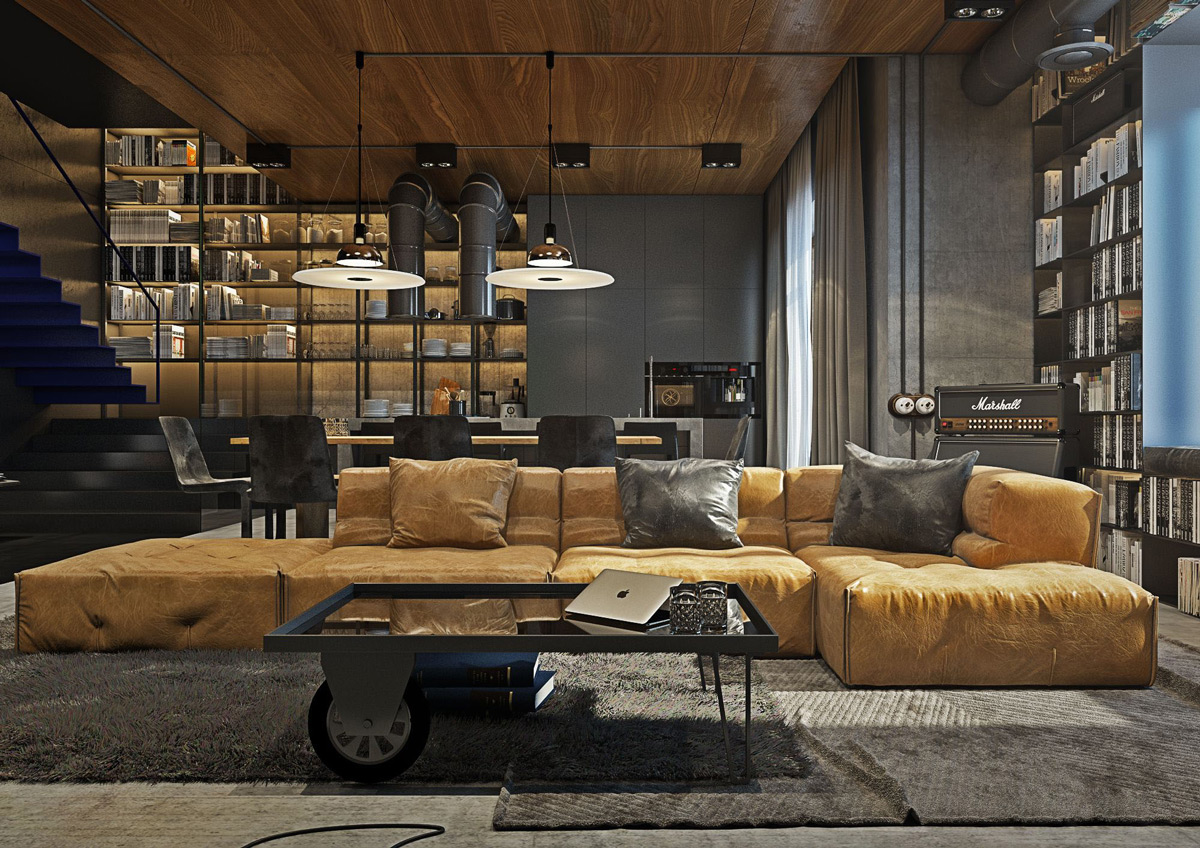 Industrial living room with hanging lighting.  Source: greatideahub.com