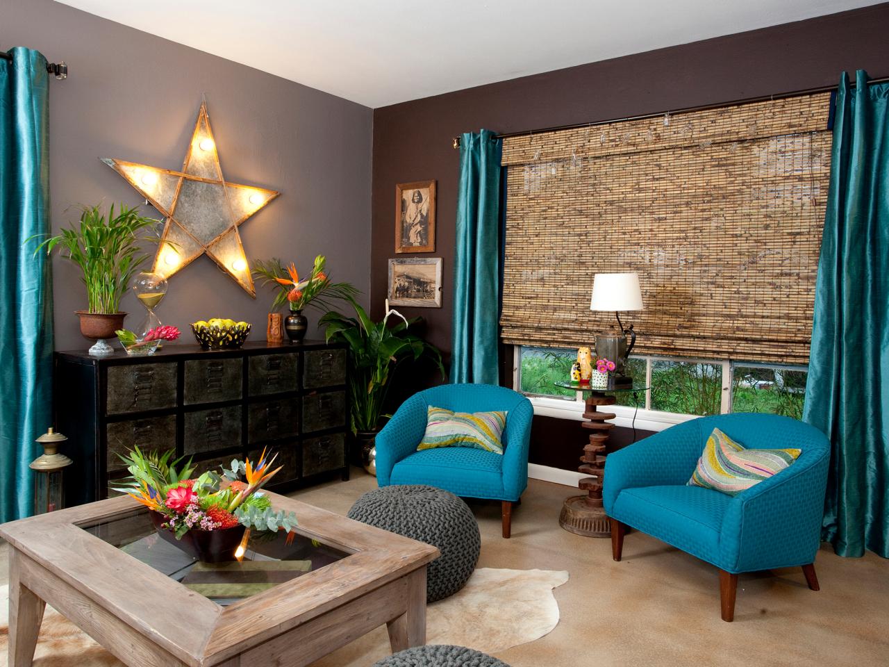 Imaginative living room in teal and light brown