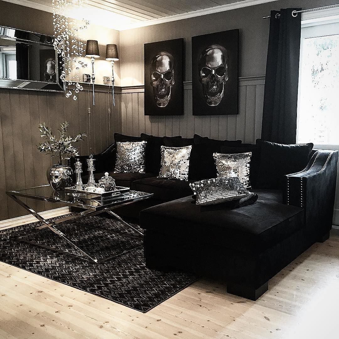 Elegant black couch with ottomans