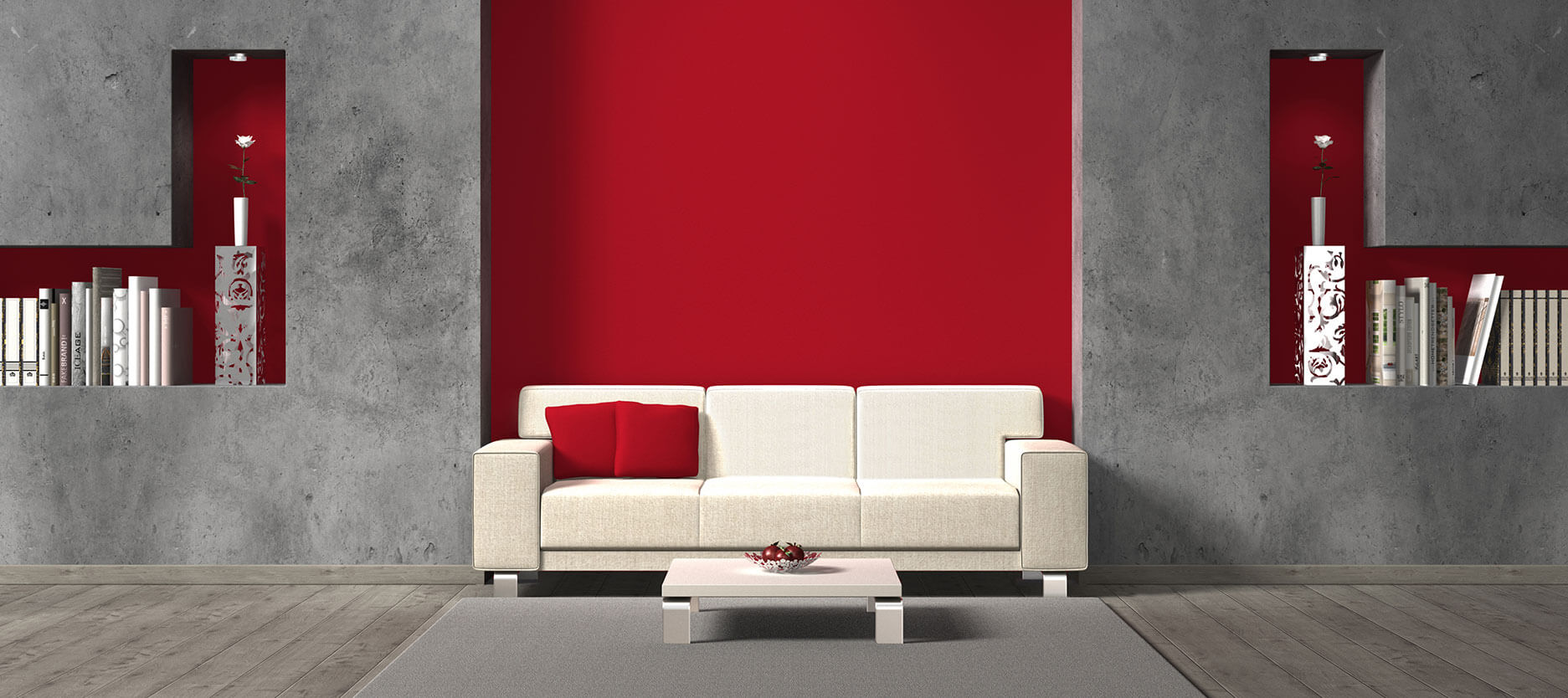 Whimsical red and gray living room